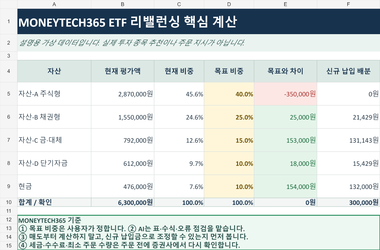 MoneyTech365 ETF 리밸런싱 계산표 확대 화면